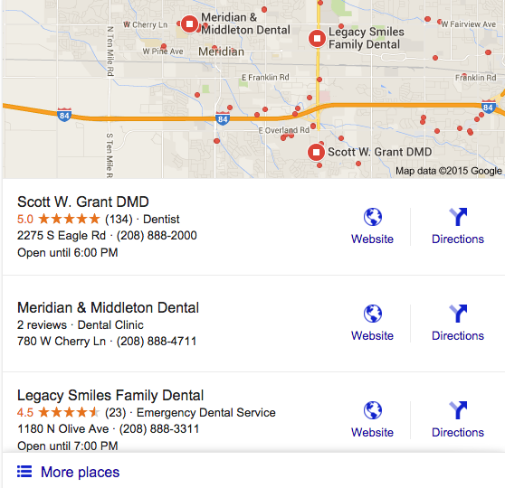 Google search for dentists